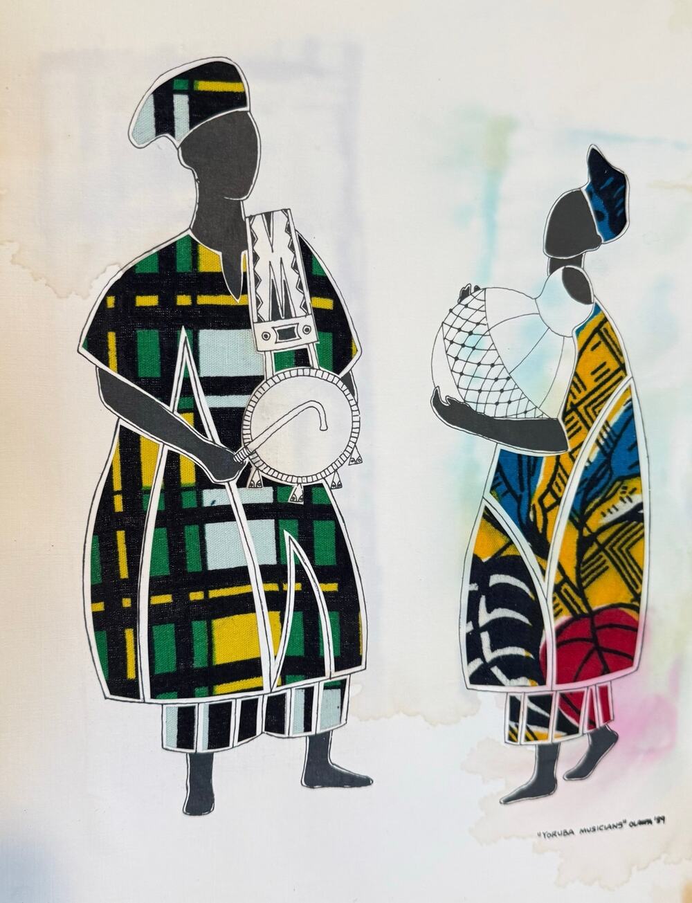 Oladele Olaopa Yoruba‎ Musicians Fabric Collage Signed Art Distressed Bleed